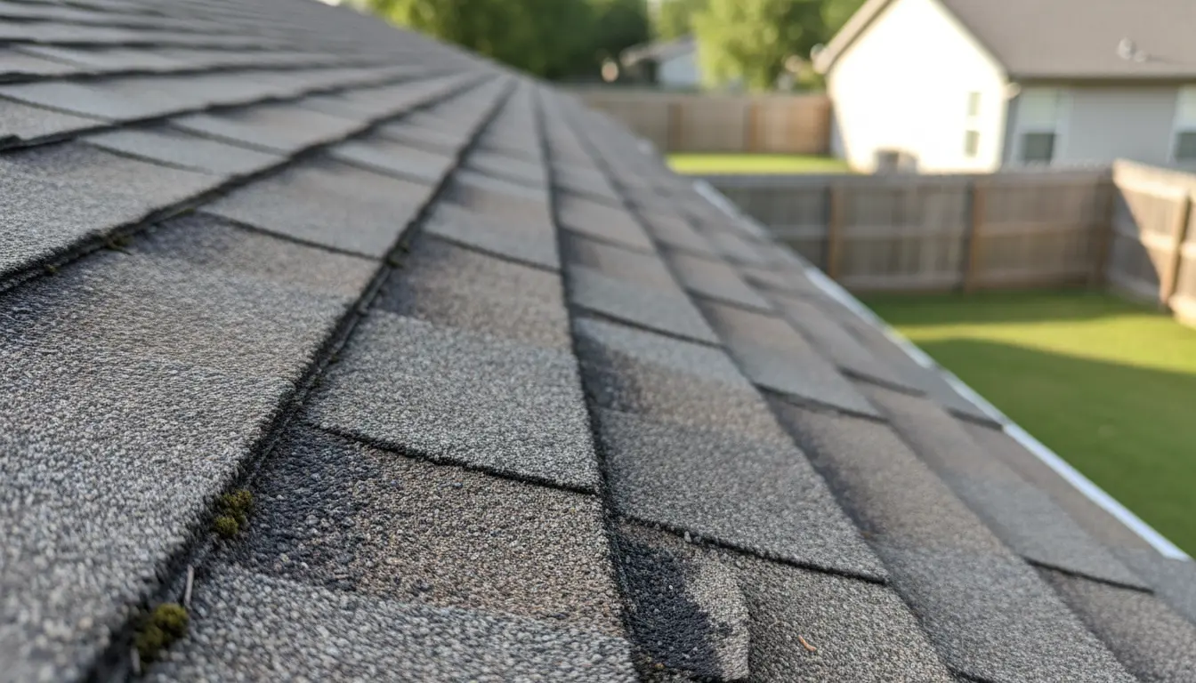 Close-up view of asphalt roof shingles showing wear and granule loss on a residential roof