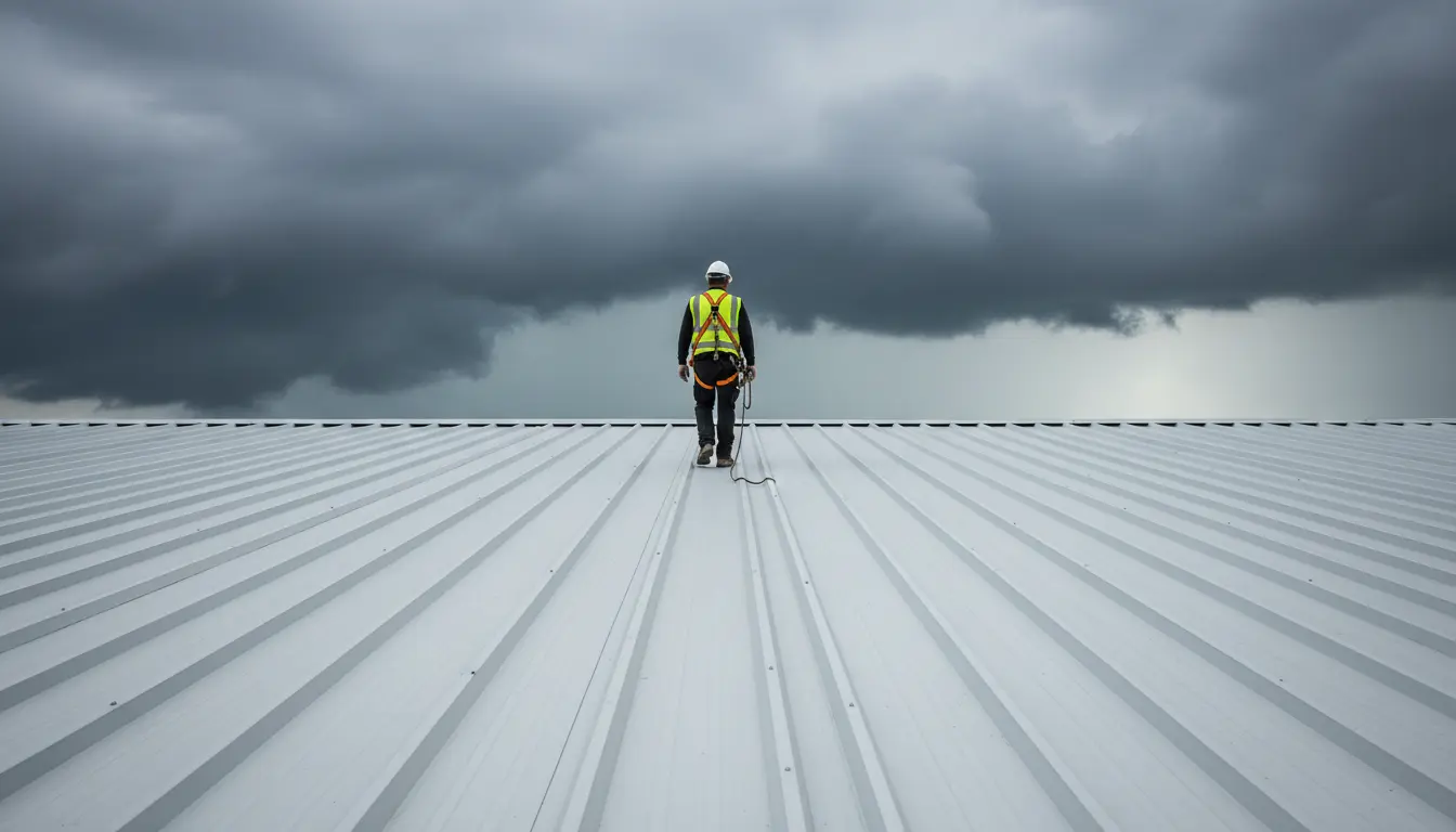 Roofing professional standing on a metal roof inspecting conditions before a storm