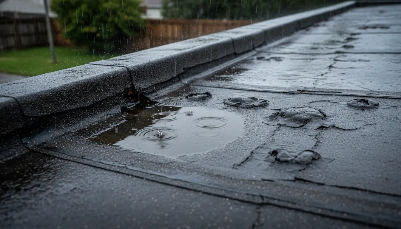 Flat roof showing pooled rainwater and worn roofing material indicating repair needs