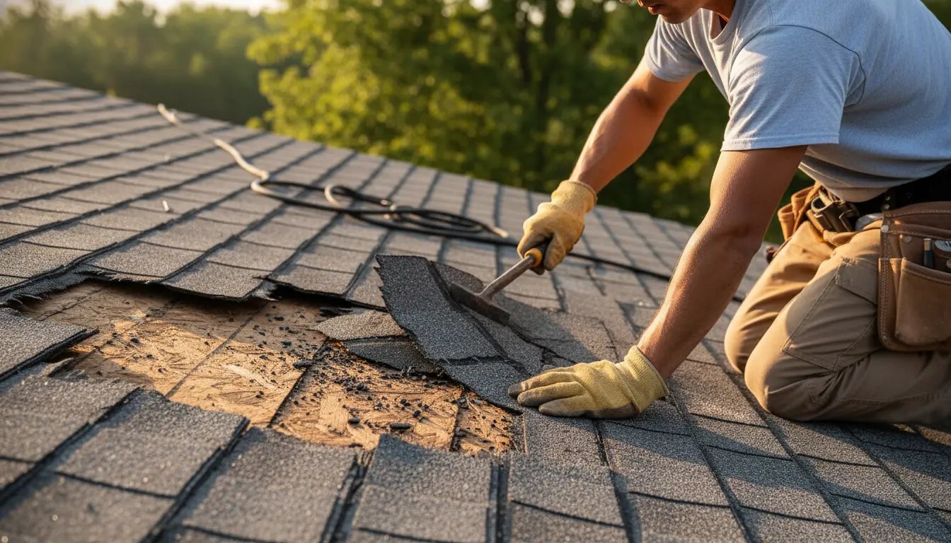 Roofer removing damaged asphalt shingles to repair a residential roof