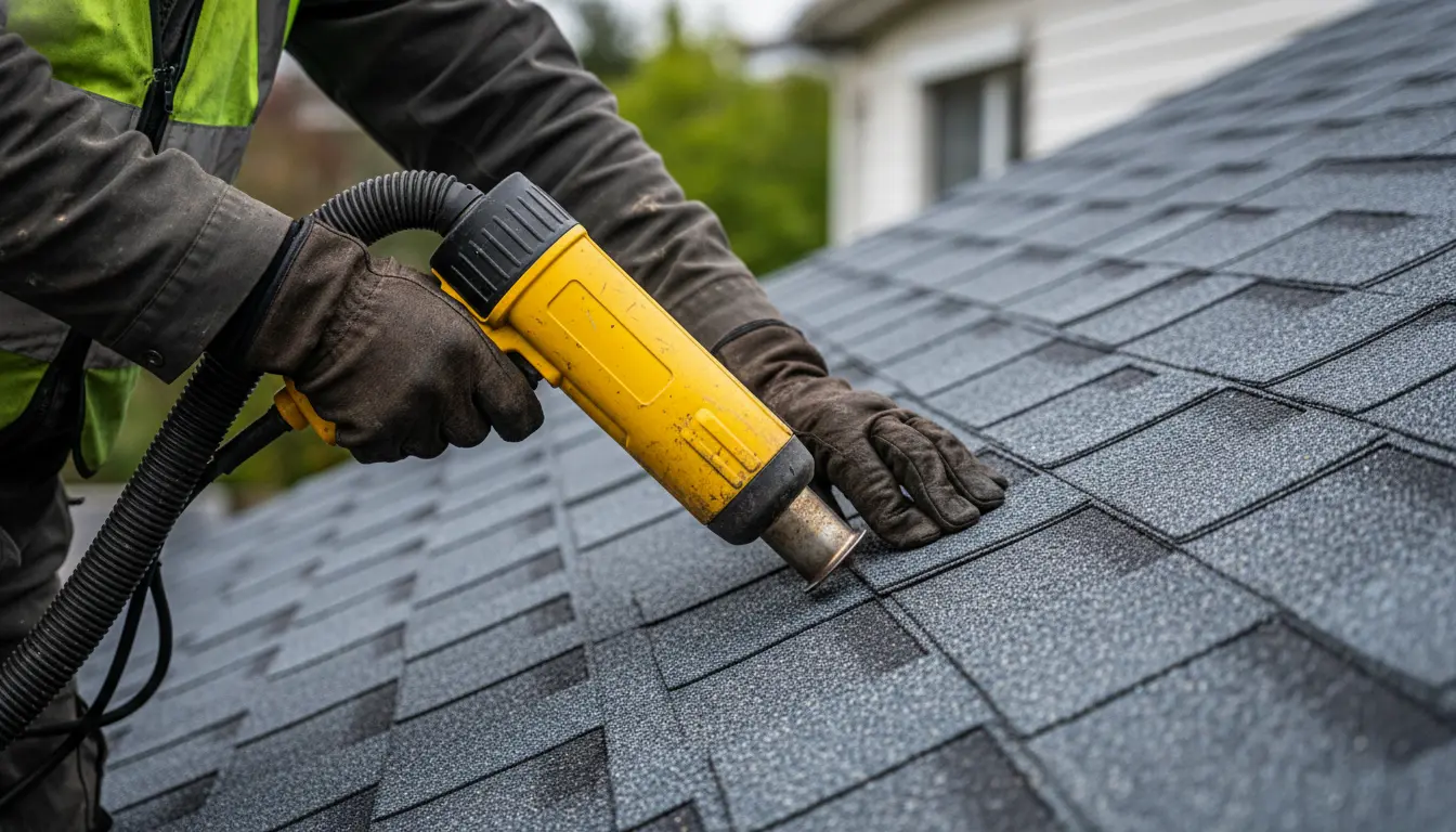Close-up of a roofer heat-sealing asphalt shingles during roof installation